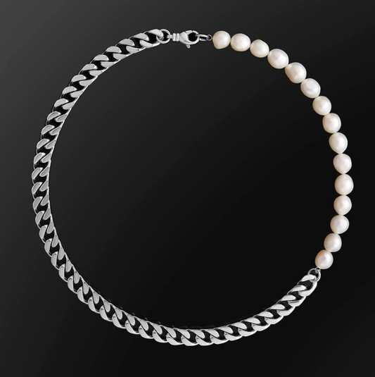 SILVER HALF PEARL HALF CUBAN CHAIN (10MM)