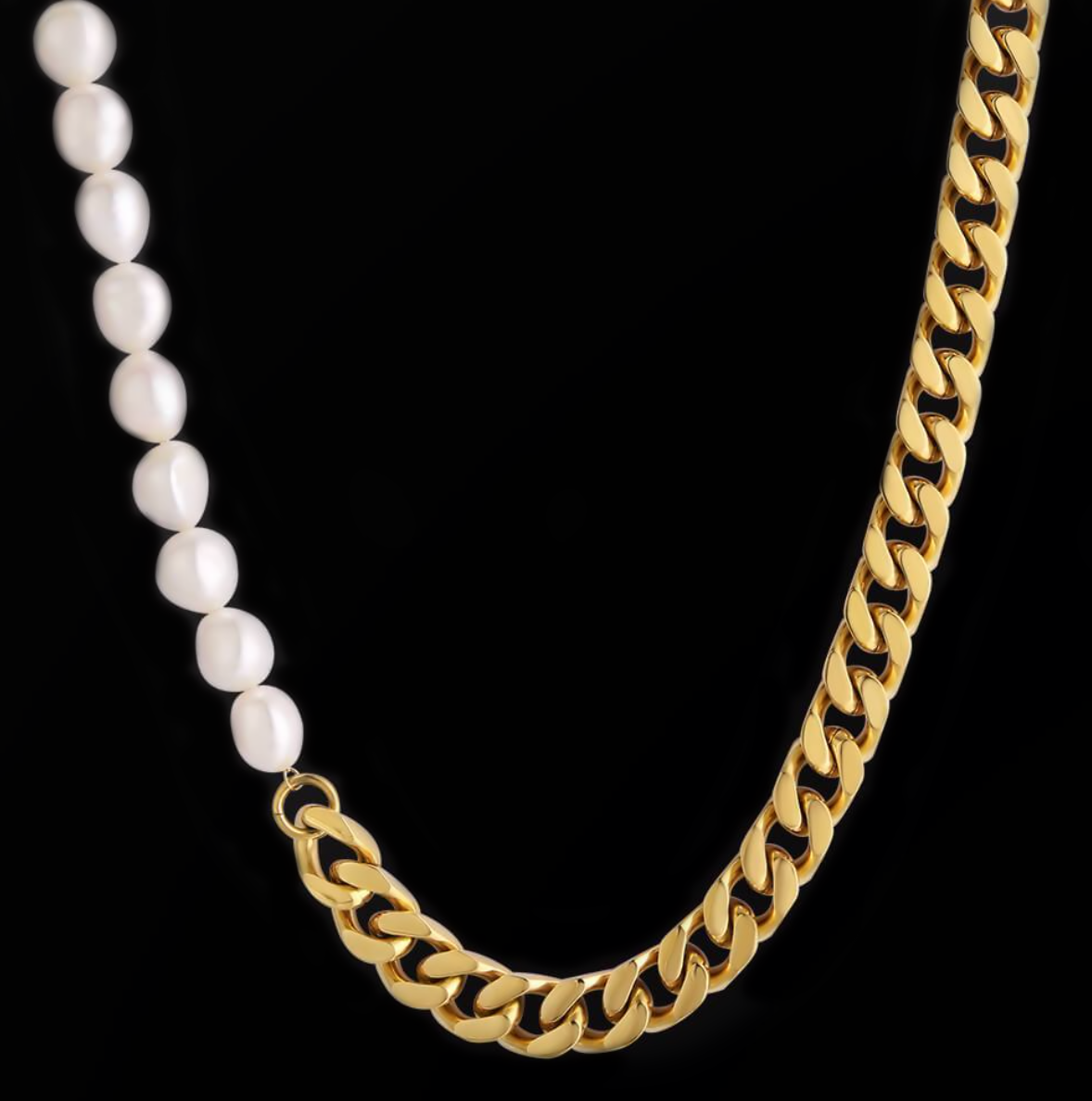 Pearl Cuban Chain Necklace Gold
