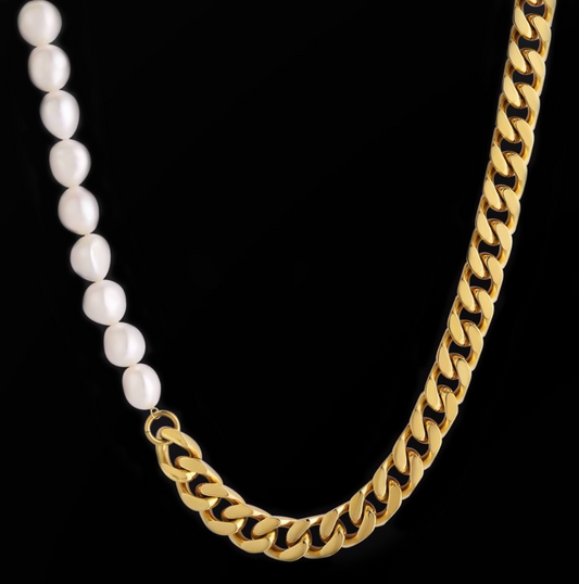 GOLD HALF PEARL HALF CUBAN CHAIN (10MM)